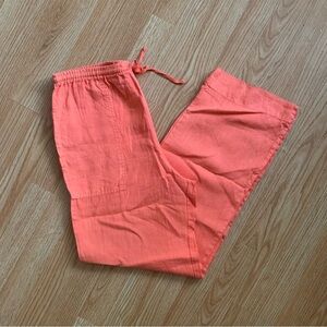 Women's 100% Linen Wide Leg Orange Coral Pants Drawstring Pockets Size S/M